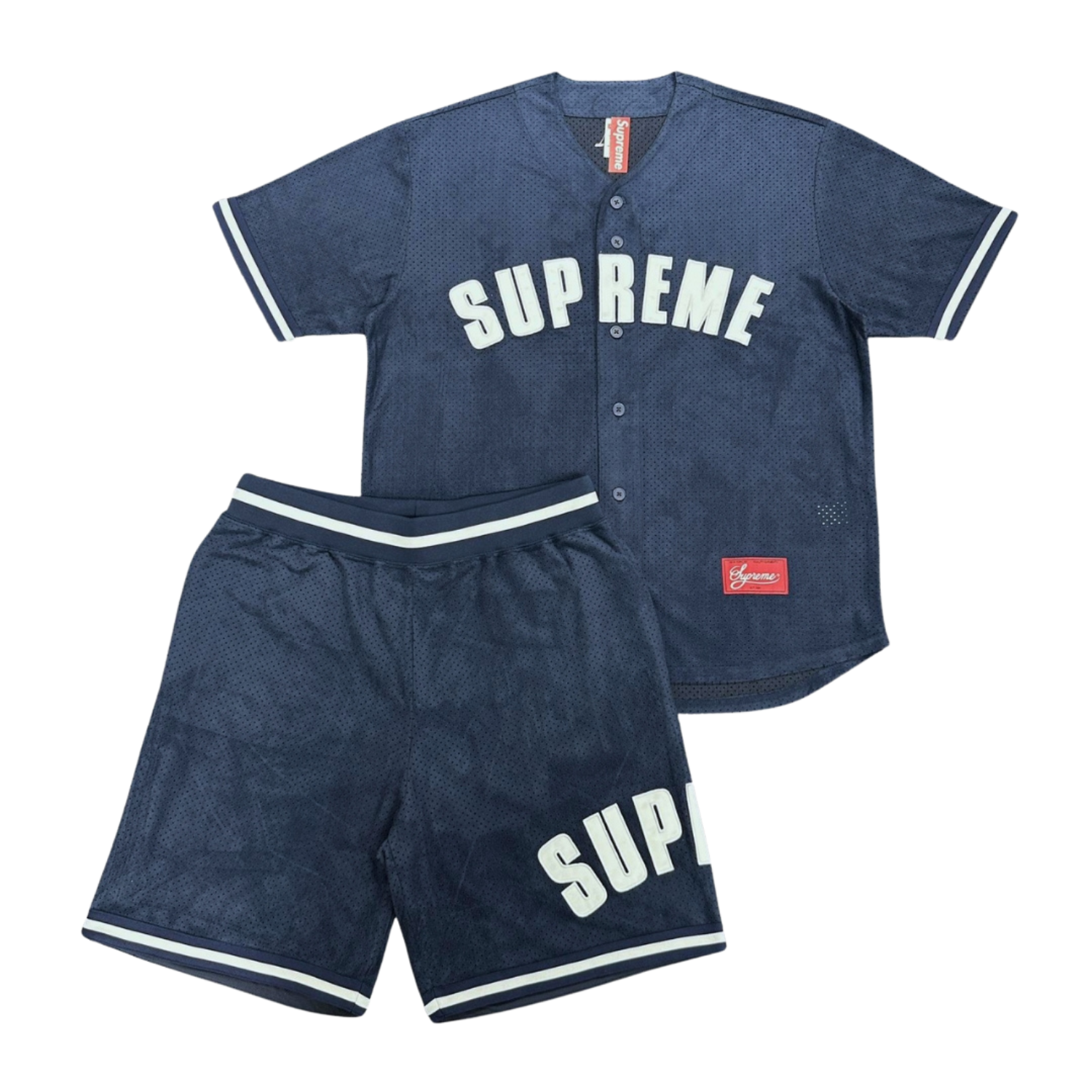 Supreme Ultrasuede Mesh Baseball Jersey and Short Set - Navy Supreme Ultrasuede Mesh Baseball Jersey and Short Set - Navy