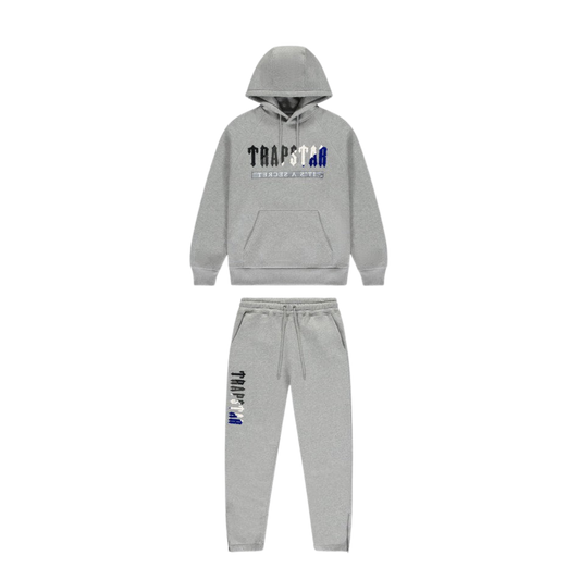 TRAPSTAR CHENILLE DECODED 2.0 HOODED TRACKSUIT - GREY / BLUE - Hype Locker UK