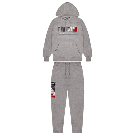 TRAPSTAR CHENILLE DECODED 2.0 HOODED TRACKSUIT - GREY / RED - Hype Locker UK