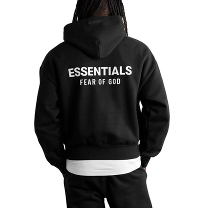 FEAR OF GOD ESSENTIALS JET BLACK BACK LOGO HOODIE (SS25)