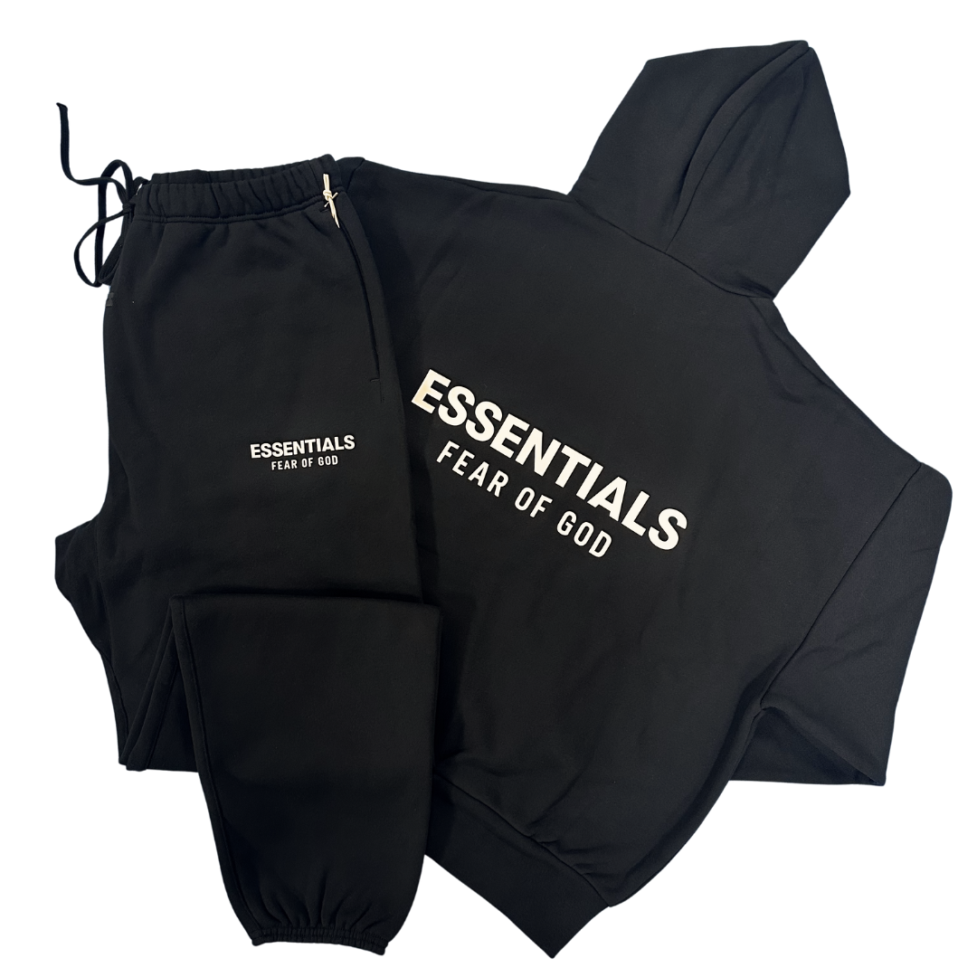 Fear of God ESSENTIALS - Jet Black Back Logo Tracksuit (SS25) | Hype ...