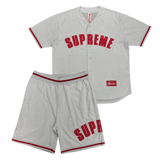 SUPREME ULTRASUEDE MESH BASEBALL JERSEY & SHORT SET - GREY