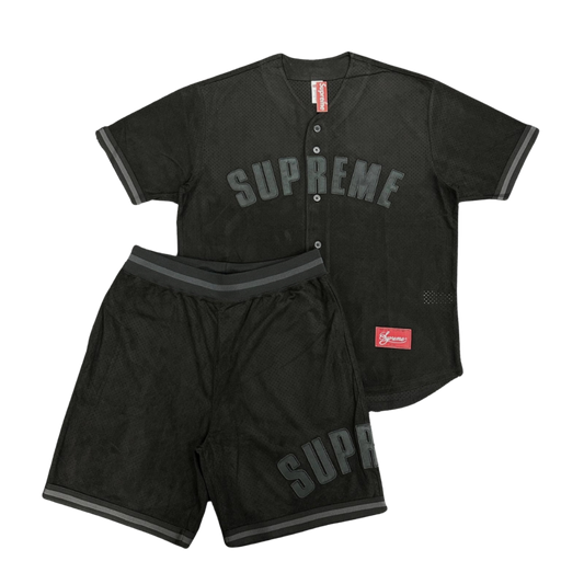 SUPREME ULTRASUEDE MESH BASEBALL JERSEY & SHORT SET - BLACK