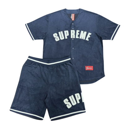 SUPREME ULTRASUEDE MESH BASEBALL JERSEY & SHORT SET - NAVY