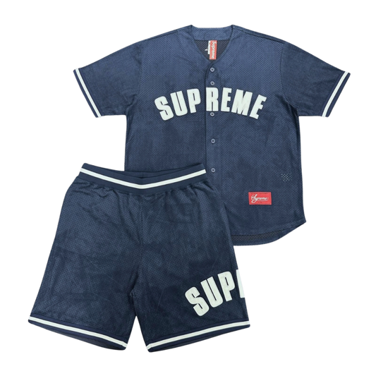 SUPREME ULTRASUEDE MESH BASEBALL JERSEY & SHORT SET - NAVY