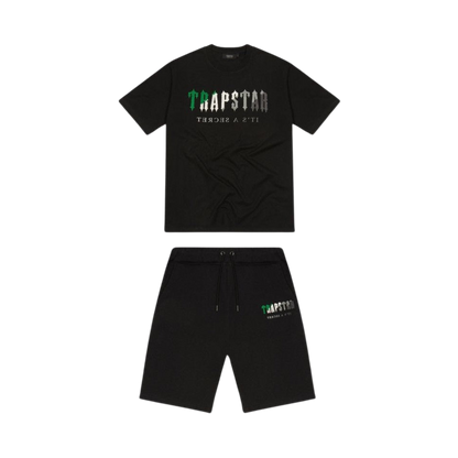 TRAPSTAR CHENILLE DECODED SHORT SET - BLACK / GREEN - Hype Locker UK