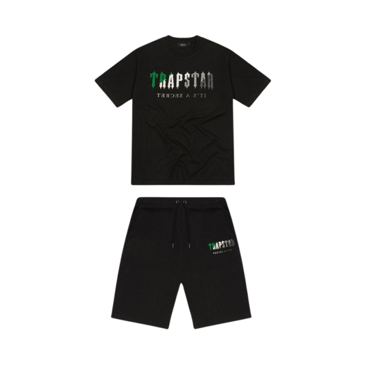 TRAPSTAR CHENILLE DECODED SHORT SET - BLACK / GREEN - Hype Locker UK