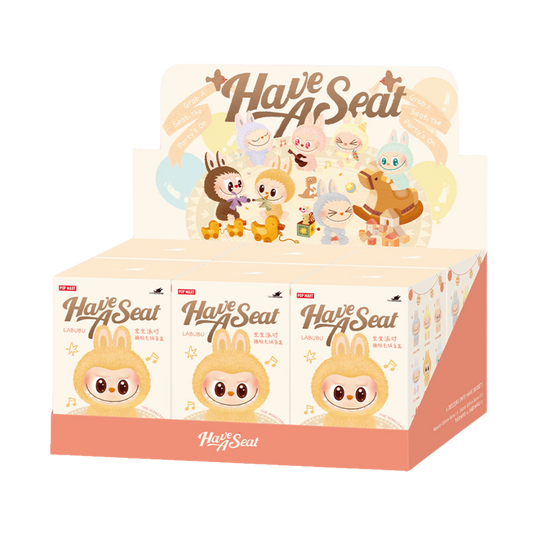 Labubu 'Have A Seat' Pop Mart blind box case of 6, featuring bunny-suited characters seated in playful poses, with pastel party-themed display packaging.