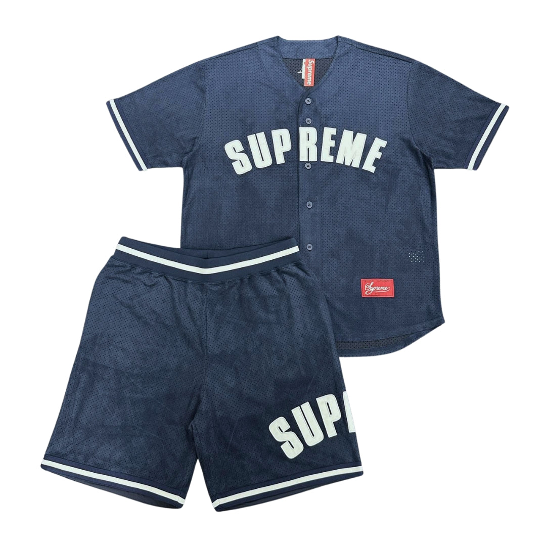 SUPREME ULTRASUEDE MESH BASEBALL JERSEY & SHORT SET - NAVY