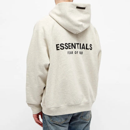 FEAR OF GOD ESSENTIALS LIGHT HEATHER OATMEAL BACK LOGO HOODIE (SS21) - Hype Locker UK