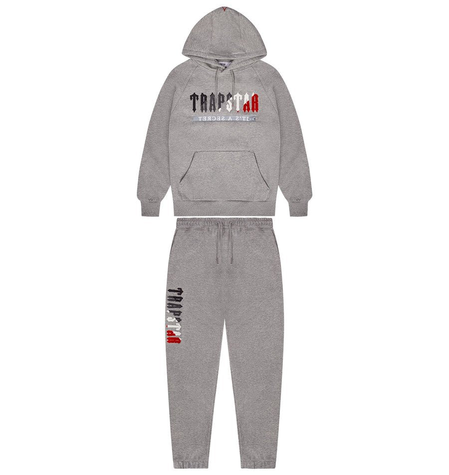 TRAPSTAR CHENILLE DECODED 2.0 HOODED TRACKSUIT - GREY / RED - Hype Locker UK