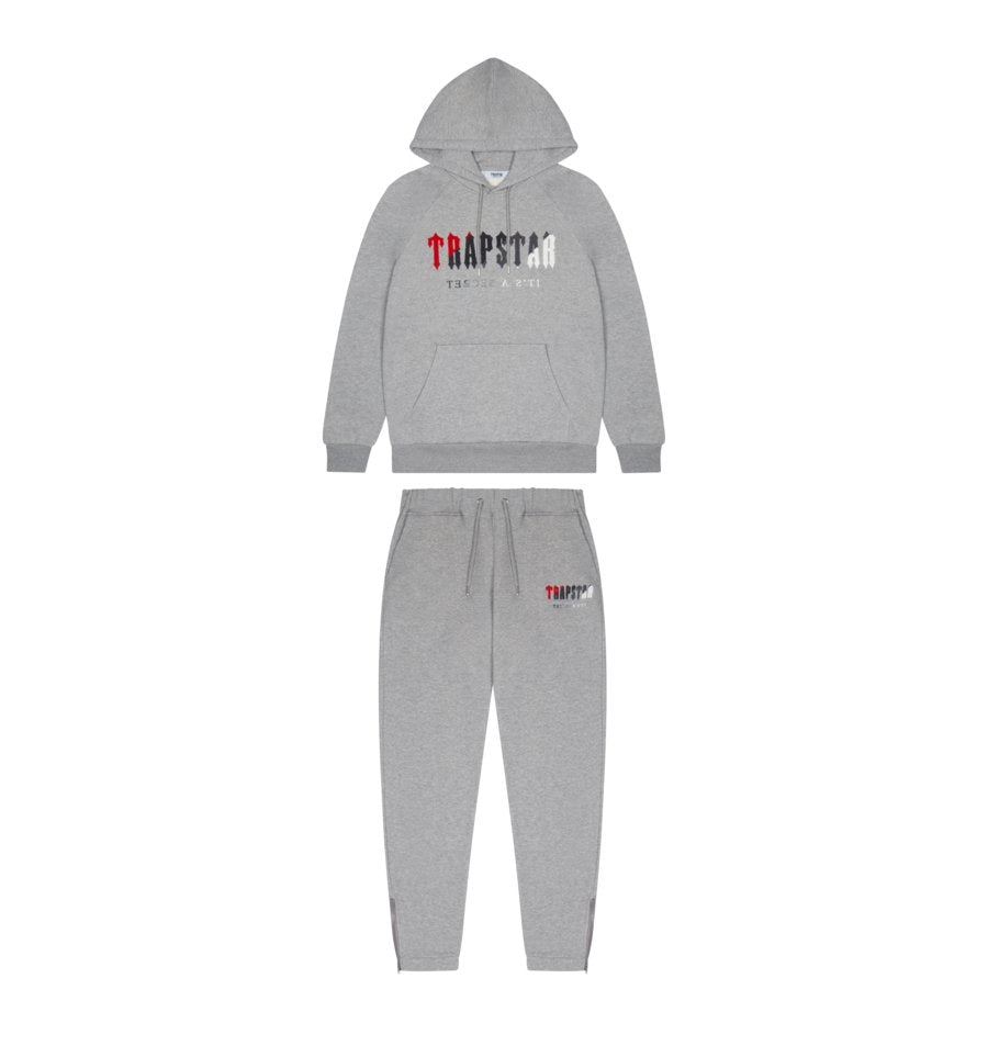 TRAPSTAR CHENILLE DECODED HOODED TRACKSUIT - GREY / RED - Hype Locker UK