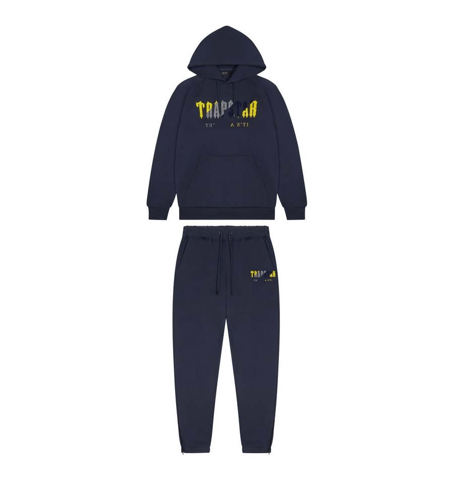 TRAPSTAR CHENILLE DECODED HOODED TRACKSUIT - NAVY / YELLOW - Hype Locker UK